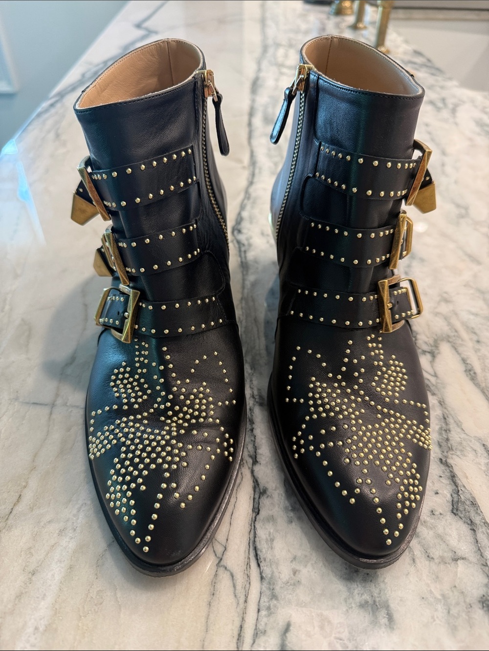 Chloe Black Leather Studded Triple-Buckle Ankle Boots with Gold Hardware